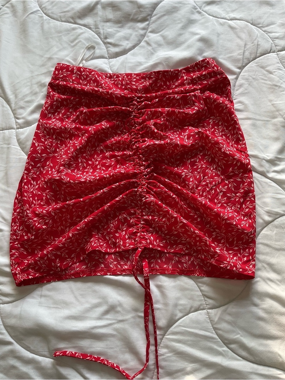 Red Floral Drawstring Ruched Mini Skirt